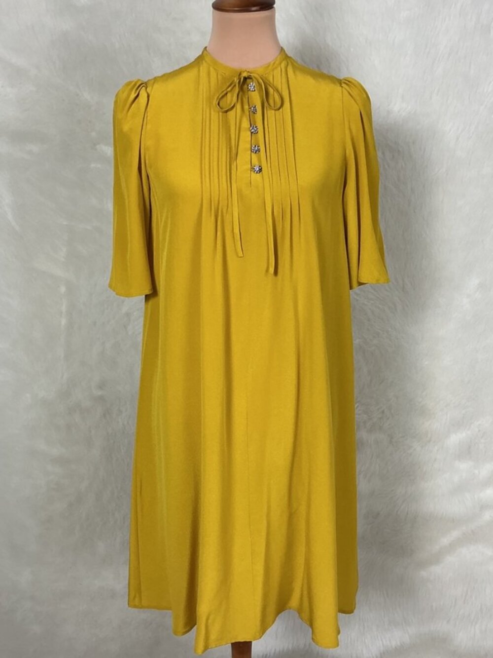 McQ Alexander McQueen Yellow Silk Rhinestone Button Pintuck Dress EU 40 US S